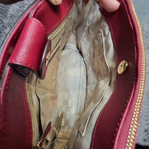 Michael Kors Kellen Satchel Bag Womens Medium Cherry Red Leather Crossbody Purse - Picture 8 of 9